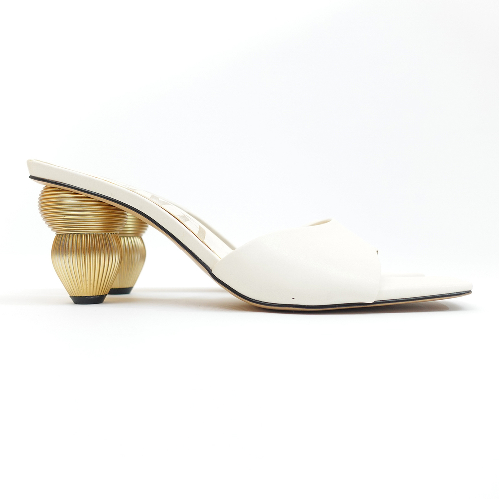 Zara White Slide Sandals with Gold Sculptural Ribbed Block Heel - EU 39/US 8 - Picture 8 of 12